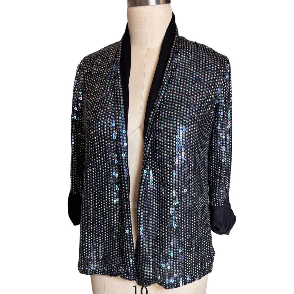 Armani Collezioni Sequin Blazer Women 6 Black Excellent Iridescent Open Front